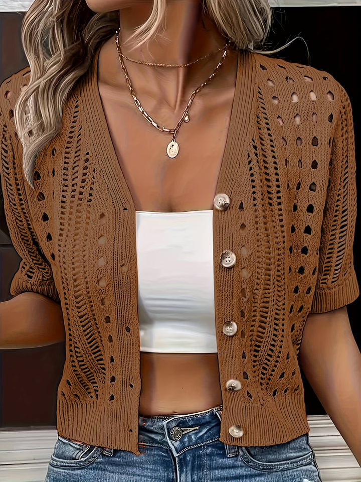 Breathable Viscose Elegant V-Neck Knit Cardigan for Women - Short Sleeve, Hollow-Out Design - Perfect for Spring/Summer/Fall