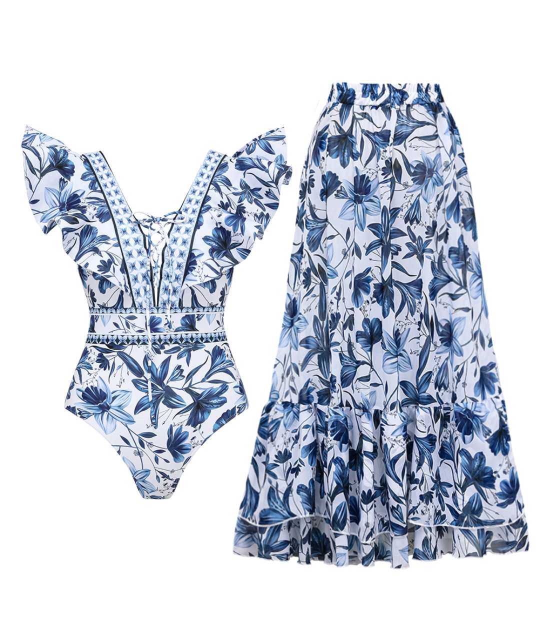 V-Neck One Piece Swimsuit with Matching Skirt Set