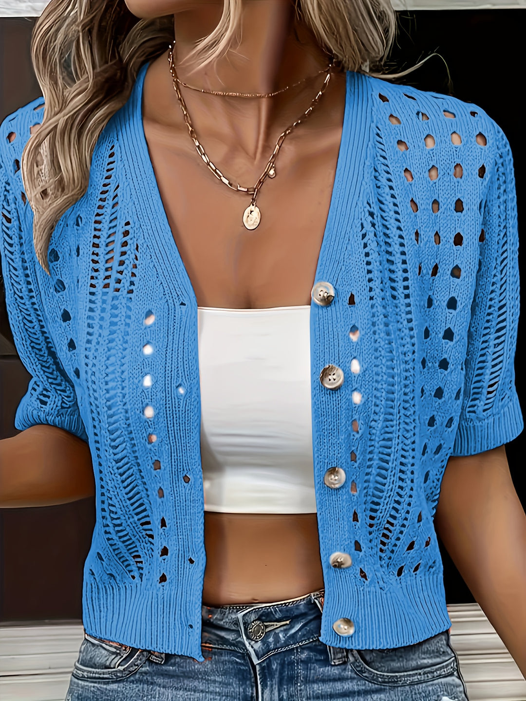 Breathable Viscose Elegant V-Neck Knit Cardigan for Women - Short Sleeve, Hollow-Out Design - Perfect for Spring/Summer/Fall